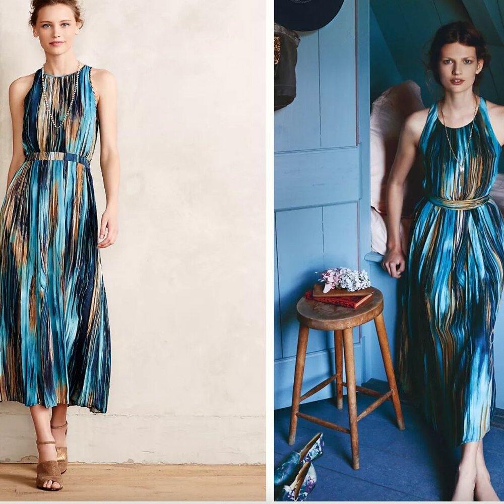 Anthropologie Paper Crown Rivier Midi Dress Multi Color Blue Size 4